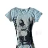 Camiseta de manga corta para mujer, color liso, ajustada, hueca, estilo INS, con estampado de personaje transfronterizo, nueva de verano