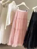 Falda Larga de Malla con Volantes de Cintura Alta para Mujer 2026 Nuevo Estilo Suave Adelgazante Fluida de Corte A