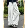 Calça branca casual estilo japonês tipo balão para mulheres, calça versátil de perna larga nova para primavera e outono, para baixinhas, calça cargo curva que emagrece