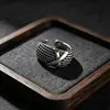 Anillo abierto de plata de ley s925 con textura geométrica vintage, moderno y versátil, joyería de anillo de diseño único para mujer