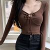 Dulce y picante camiseta básica con cordón otoño e invierno manga larga cuello en V corto top ajustado sexy comercio exterior Venta al por mayor