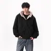 Jaqueta de Algodão Estilo Americano Pesada com Design de Orelhas de Coelho para Homens e Mulheres, Marca Tendência de Inverno, Forrada com Fleece e Espessada, Jaqueta de Camurça com Gola de Pelo para Casais