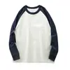 Suéter de algodão com mangas compridas e combinação de cores, masculino e feminino, outono, moderno, cor contrastante, manga raglã, gola redonda, camiseta básica preta e branca