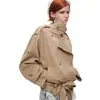 Gabardina corta de doble botonadura para mujer con cuello de solapa, cintura ceñida con cinturón, talla petite, chaqueta estilo workwear, abrigo corto de estilo clásico británico