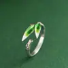 Anillo de plata S925 Rey Ciervo Dorado moda artística plata quemada hojas azules hojas de bambú anillo abierto de bambú anillo femenino regalo