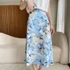 Falda floral para mujer, nuevo estilo de verano, falda de satén de acetato elástico de cintura alta, elegante falda midi de media longitud