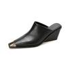 Comercio Exterior Retro Ropa de Abrigo Suela Gruesa Baotou Medias Zapatillas de Casa Sandalias Perezosas de Cuero Genuino Hebilla Metálica Zapatos de Plataforma con Tacón de Cuña