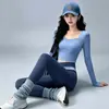 Conjunto Deportivo de Manga Larga para Mujer con Almohadilla en el Pecho, Pantalones de Yoga Elásticos Transpirables Cruzados en la Cintura, Conjunto de Entrenamiento para Correr y Fitness, Otoño