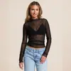 Camiseta Base de Malla con Encaje y Cuello Medio Alto de Amazon, Patrón de Diamantes, Corte Ajustado, Estilo Corto, Cropped, para Superponer, Mangas Largas