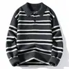 Otoño Invierno Nuevo Moda Masculina Suéter de Punto con Cuello de Solapa Rayado Pulóver Casual de Moda Juvenil Camisa Base