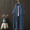 Vestido de Gaze Dupla Solto Plus Size com Gola Alta 2026, Cardigan Solto Estilo Floresta Vestido Xadrez de Manga Longa, Estilo Artístico
