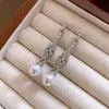 Brincos de agulha de prata estilo francês com franjas de diamante e pingentes de pérola para mulheres, brincos estilo corte vintage, brincos de luxo leve e de alta qualidade para mulheres