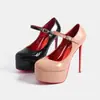 Sapatos Femininos Europeus e Americanos Transfronteiriços Novo Estilo Bico Redondo Baixo Corte Tira Única Impermeável Plataforma Salto Alto Ultrafino Sapatos Individuais para Boate Palco