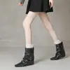 Botas Apiladas Plisadas de Punta Cuadrada que Aumentan la Altura para Mujer Otoño Invierno Nuevas Botines con Hebilla de Suela Plana Botas de Caña Alta Botas Vaqueras Occidentales