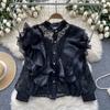 Cross-border francês nicho luz luxo tridimensional babados costura em torno do pescoço pérola single-breasted all-match renda top curto