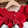 Vestido Navideño Europeo y Americano de Otoño Nuevo Transfronterizo Grupo Terciopelo Rojo Empalmado Vestido Blanco de Princesa Ropa para Niñas y Niños