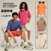 Camiseta Lavada Desgastada Tamanho Europeu Retrô 230g Top Feminino Ombro a Ombro Manga Curta Retrô Desgastado Solto Oversize
