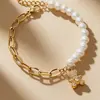 Pulsera de Cadena Dorada de Acero Inoxidable con Cuentas de Concha y Colgante de Oso Tachonado de Diamantes, Joyería Femenina Estilo Vintage de Lujo Ligero