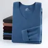 Traje de ropa interior térmica de terciopelo para hombre, cuello en V, color liso, conjunto base, otoño e invierno, para estudiante, terciopelo de doble cara, calzoncillos largos