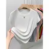 Camiseta de Manga Corta para Mujer, Nuevo Estilo Tejido de Seda de Hielo, Estilo Delgado de Verano, Corte Holgado, Adelgazante, Top Básico de Cuello Redondo