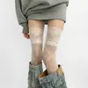 Medias Sexy con Patrón de Encaje Medias Huecas Ultradelgadas Medias Blancas de Malla Hasta la Rodilla para Mujeres Seda Blanca