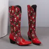 Botas de cavaleiro de salto grosso europeias e americanas novas botas femininas outono e inverno cano alto feminino combinação de cores flor de pavão estilo étnico de comércio exterior botas de algodão