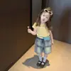 Ropa para Niños Conjunto para Niñas 2026 Verano Nuevo Dibujos Animados Top Corto para Niños de Moda Jean de Dos Piezas Falsos para Niñas