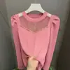 Camiseta de Manga Larga para Mujer Talla Grande, Nuevo Estilo Primavera y Otoño con Diseño Disimulador, Elegantes Adornos de Encaje y Pedrería, Ropa de Abrigo de Moda
