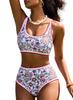 Traje de bikini cruzado europeo y americano para mujer 2025 Estampado de flores Costura de bloqueo Traje de baño de 2 piezas Cintura alta Cuello redondo bajo Nadar