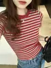 Camiseta de Manga Corta Negra Rayada con Bloques de Color Vintage y Cuello Redondo para Mujer, Nuevo Estilo Verano 2026, Camiseta Básica