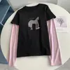 Conjunto Casual de Dos Piezas Estilo Coreano con Camiseta de Manga Larga con Estampado de Pony de Dibujos Animados en Tejido Cepillado y Elegante Diseño de Retazos