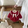 Mono de Princesa Rojo de Manga Corta con Lazo Estilo Coreano para Bebé Niña, Temporada Otoño/Invierno 2026, Conjunto de Año Nuevo con Forro Polar