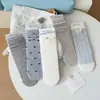 Calcetines Finos de Primavera y Verano para Mujer en Tonos Azul-Gris Sal Marina, Estilo Dulce Universitario Calcetines Caídos a Media Pantorrilla, Sin Costuras con Lazo