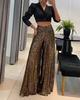 Pantalones casuales de lentejuelas para mujer 2023 nuevos europeos y americanos de cintura alta sueltos rectos de pierna ancha una generación de cabello