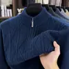 Suéter com zíper parcial, suéter masculino, suéter de tricô, suéter espesso, suéter de trança, estilo para meia-idade, versão espessa, zíper semi-alto