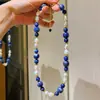 Collar de Diseño con Perla de Agua Dulce Natural y Lapislázuli Cadena para Clavícula