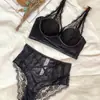Renda de comércio exterior lingerie sexy algodão fino V profundo busto grande faz parecer menor anti-queda de seios calcinha cintura alta levanta bumbum tamanho grande sutiã