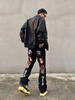 Pantalones de mezclilla rectos acampanados para hombre, estilo callejero americano, bordado de calavera de llamas, pantalones guapos de calle frita