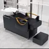 Cama de champú semirreclinable estilo lujo para salones de peluquería, lavabo cerámico integrado con reposapiés, cama de champú tipo sofá con cojín suave