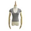 2024 Ropa de mujer estilo europeo y americano con escote en V profundo, cintura alta, manga corta, camiseta básica, estilo europeo y americano, camiseta elástica sexy