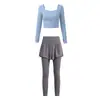 Conjunto de Roupa Esportiva de Alto Valor Estilo Coreano para Mulheres, Gola Quadrada Manga Longa Calça de Cintura Alta Falsa de Duas Peças, Respirável Emagrecedor Roupa para Corrida Yoga