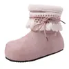 Botas de Nieve Peludas Rosas de Suela Gruesa Estilo Dulce para Mujer 2025 Invierno Gamuza con Cordones Más Terciopelo Cálidas Botas Cortas