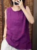 Camiseta Holgada de Algodón Vintage Versátil Nueva de Verano Talla Grande para Mujer Top sin Mangas de Algodón Lino Cuello Redondo