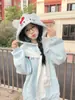 Moletom com Capuz Bordado Hello Kitty Estilo Japonês Fofo e Doce para Mulheres, Outono e Inverno, Laço, Solto, Estudante, Top de Orelha