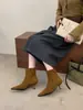 Botines altos de tacón de aguja con punta fina, ajustados y cortos, 2026 otoño, elegantes, con hebilla cuadrada, patchwork de gamuza, botas para mujer
