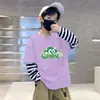 Camada de Base Infantil Masculina Estampa de Desenho Animado Algodão Puro Fina Camiseta Estilo Coreano Listrada Elegante Gola Redonda Manga Longa