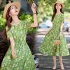Vestido Curto Floral de Algodão e Linho da Moda para Mulheres Verão 2025 Novo Visual Emagrecedor na Cintura Estilo Férias Casual Elegante Saia