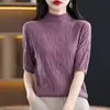 Nueva camiseta fina de verano para mujer, cuello semi-alto, manga corta, versátil, a la moda, holgada, top casual, tejido