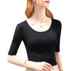 Camiseta de Manga Media para Mujer 2025 Nuevo Estilo para Mujer Talla Grande Cuello Redondo Malla Manga Media con Diseño Ajustado a la Cintura Top de Malla de Manga Media