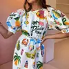 Vestido largo casual retro estampado de manga de farol suelto para mujer, transfronterizo europeo y americano, 2026